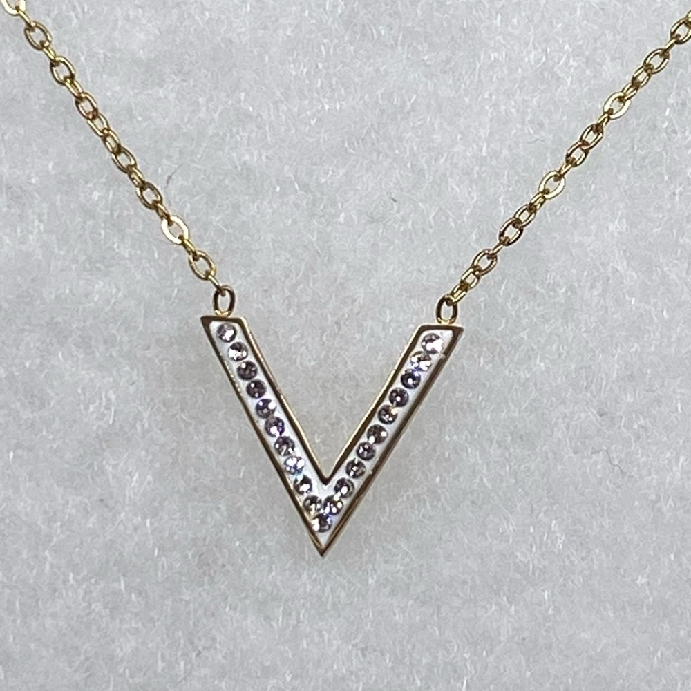 Gold V Pendant Necklace with Crystals